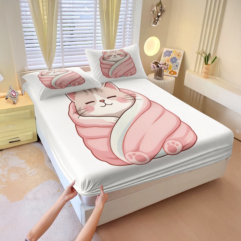 Fitted Bed Sheets Deep Pocket - Набор простыней с милым кошачьим принтом: